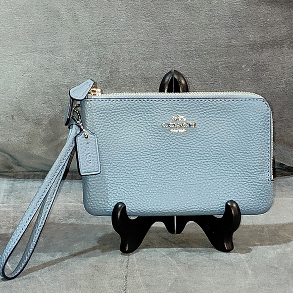 COACH DOUBLE CORNER ZIP PEBBLED LEATHER  WALLET WRISTLET STRAP 6½" X 4¼" BLUE - Picture 5 of 17